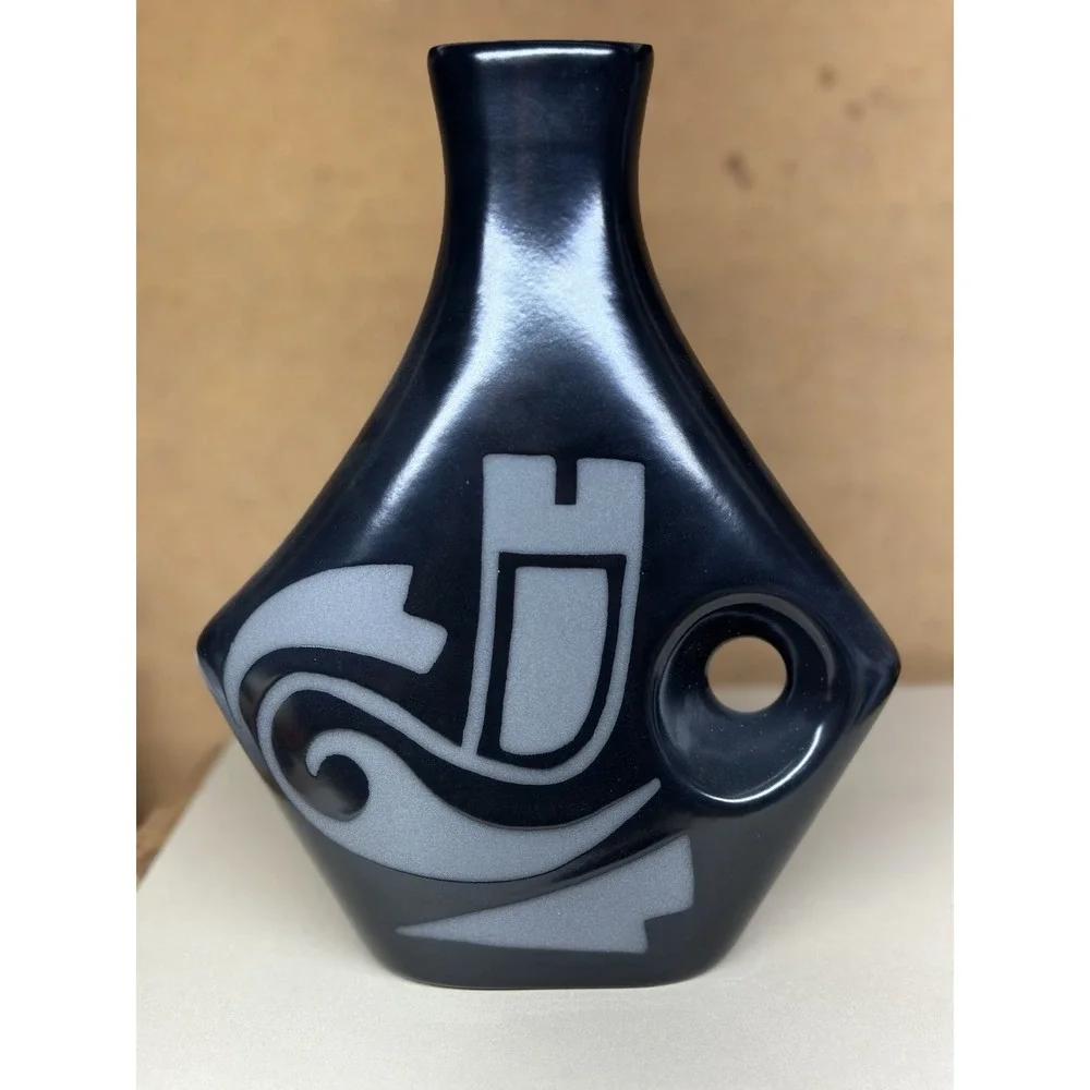 Vintage 1988 Signed Studio Art Pottery Black Gray Abstract Vase